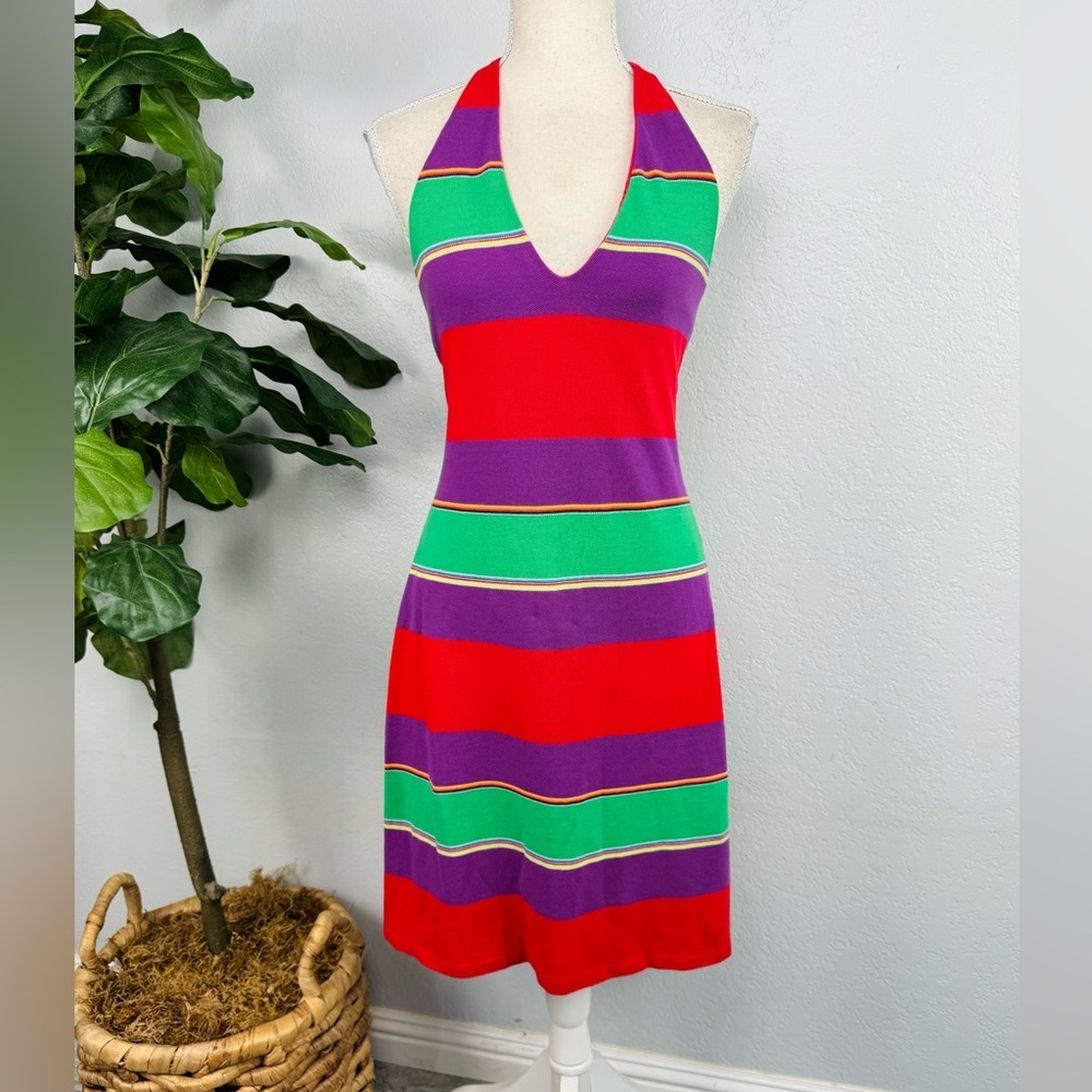Ralph Lauren Blue Label Y2K Multicolor Stripe Halter Style Dress